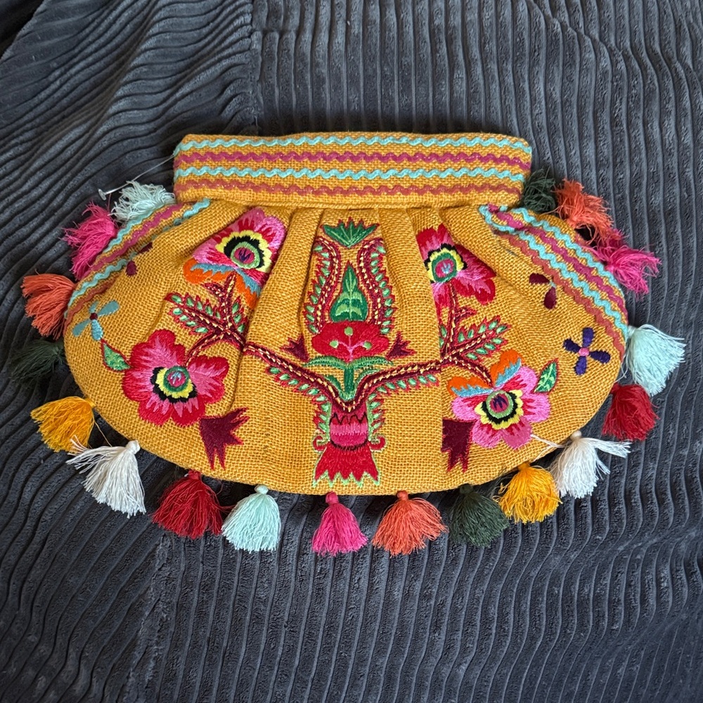 Moyna Embroidered Clutch purse orange Boho Floral